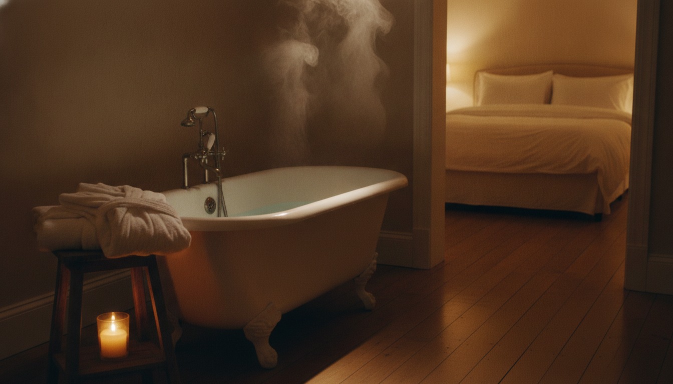 Photorealistic steaming clawfoot bathtub in a warm, candlelit bathroom with a folded robe on a wooden stool and an open doorway to a softly lit bedroom, a warm bath before bedtime, no people, no text
