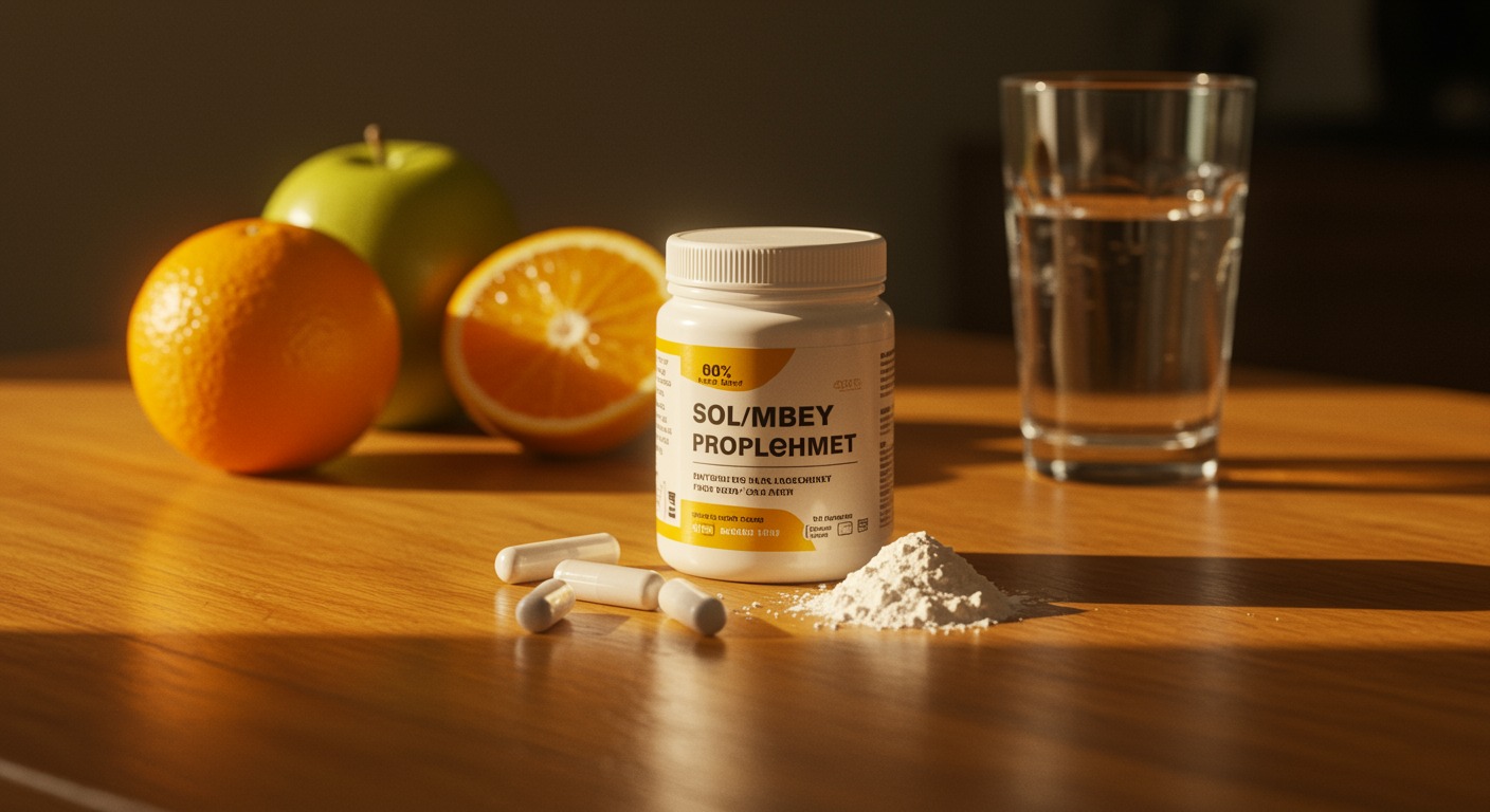 Clean white supplement powder on a warm sunlit wooden table with fresh fruits and a glass of water