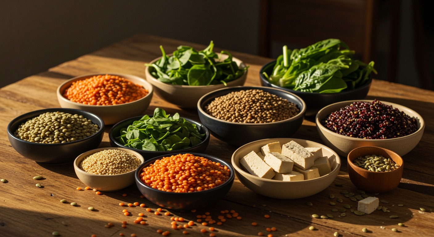 Colorful spread of plant-based protein foods including lentils, tofu, quinoa, and leafy greens arranged on a rustic wooden table with warm natural lighting