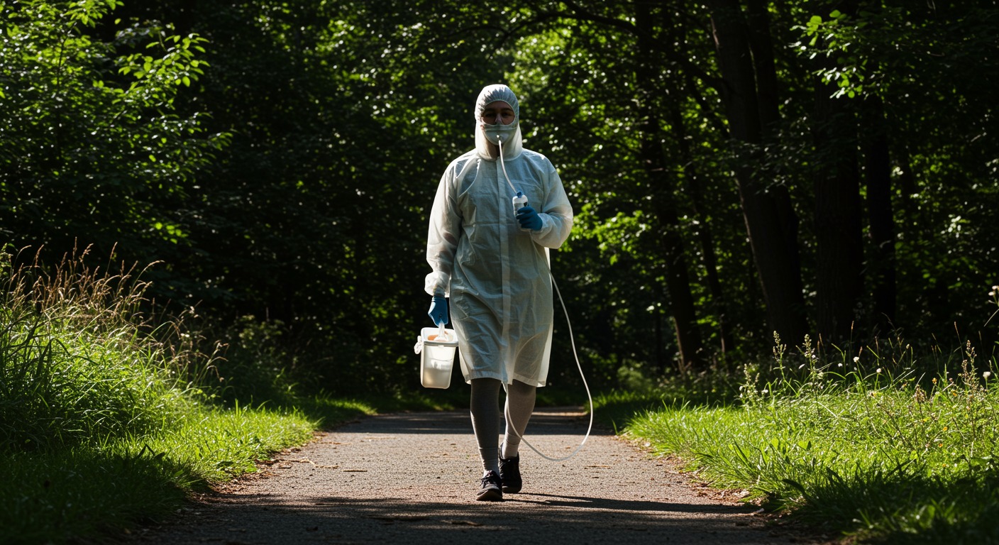 Person walking with nasal cannula on sunny path