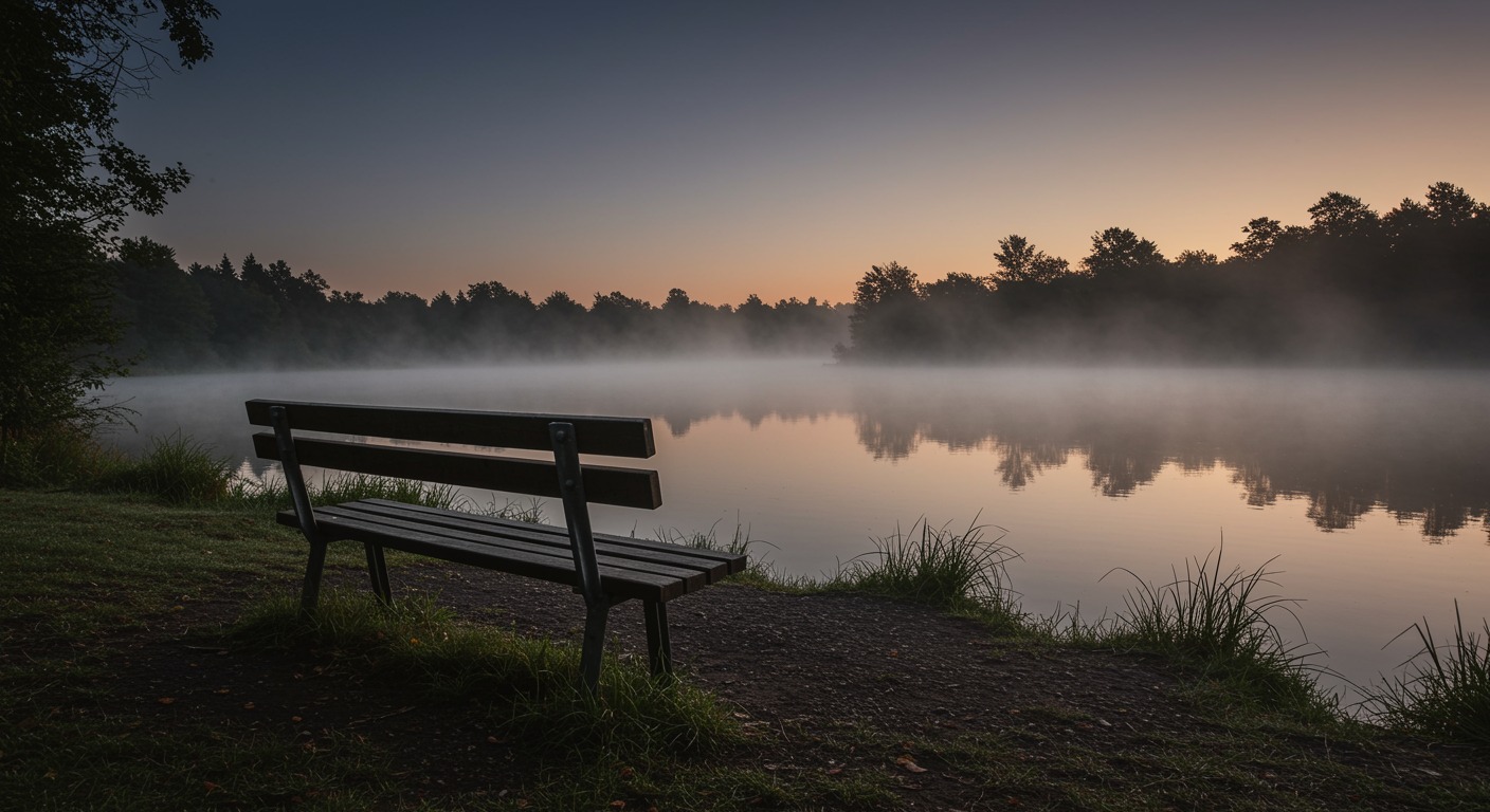 An empty wooden bench beside a quiet lake at dawn with soft mist over the water