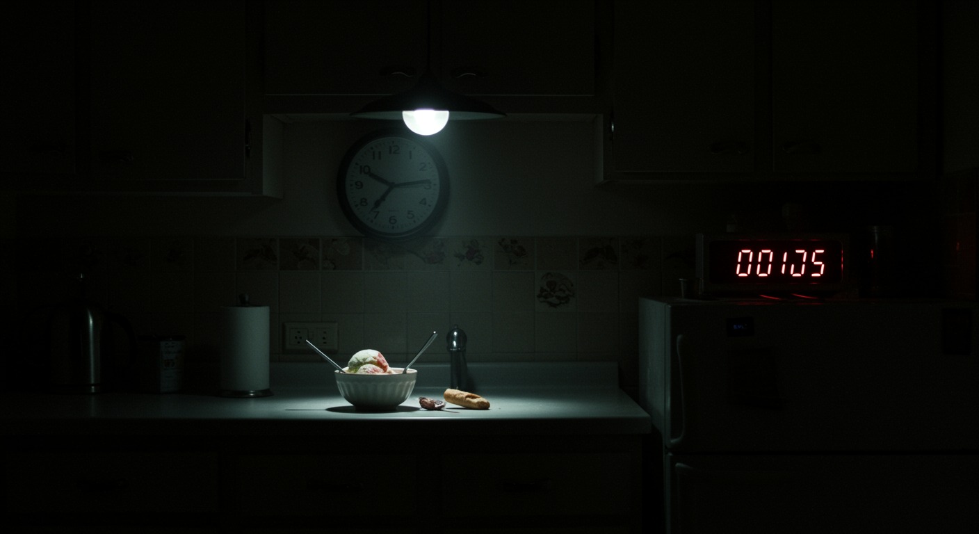 A quiet kitchen at night with a single overhead light, a bowl of late-night ice cream on the counter, and a clock on the wall reading 10:15
