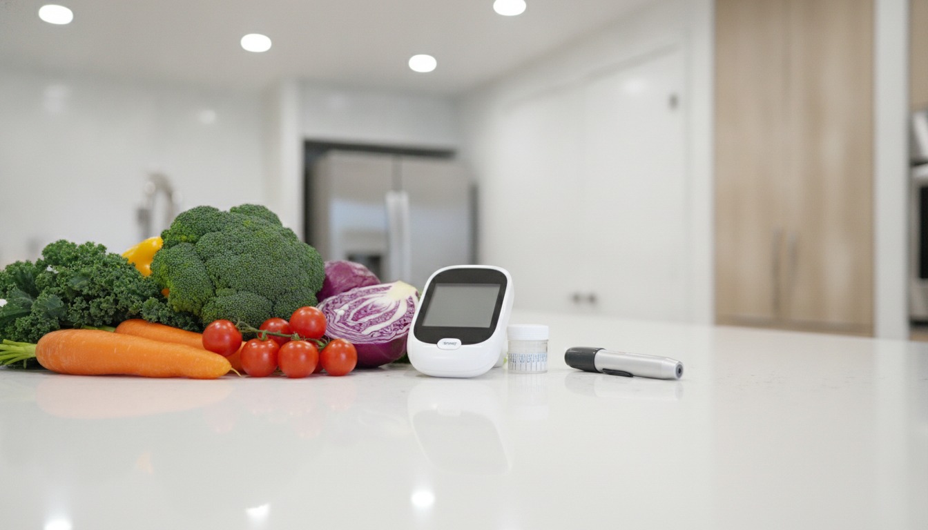 Blood glucose monitor next to fresh vegetables on a modern kitchen counter with bright overhead lighting
