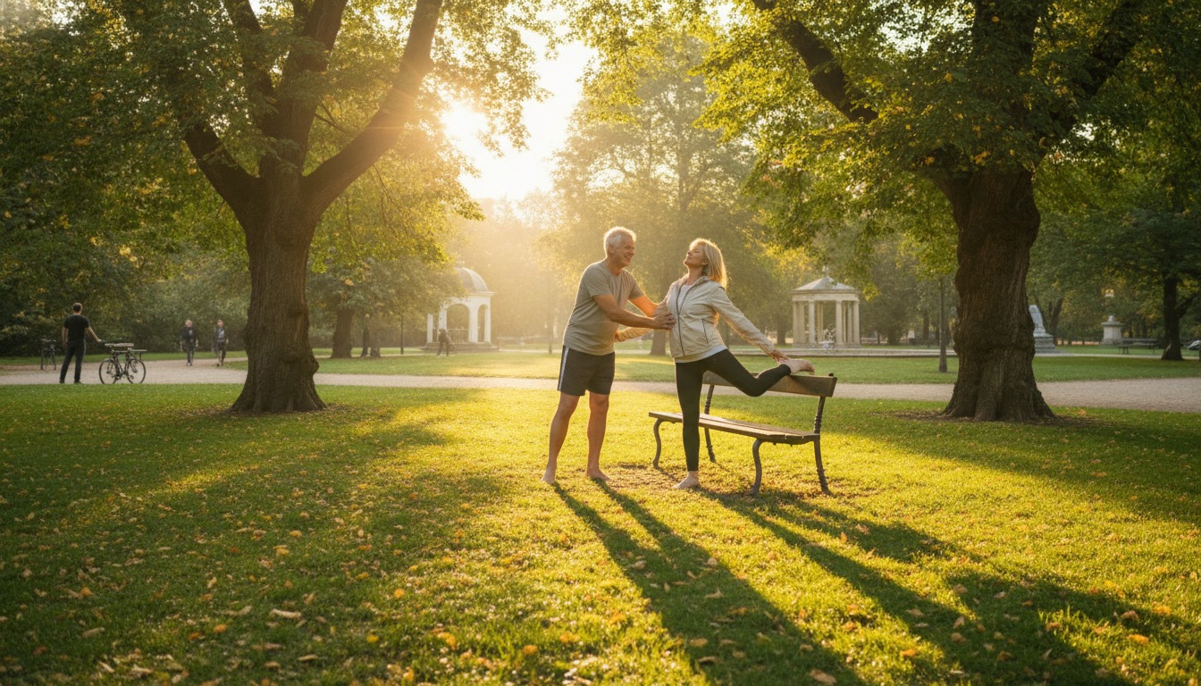 Older couple stretching together in a sunlit park with warm golden morning light and green trees
