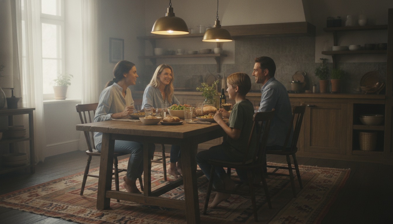 Family sharing a relaxed meal at a wooden dining table in a warmly lit kitchen with soft window light
