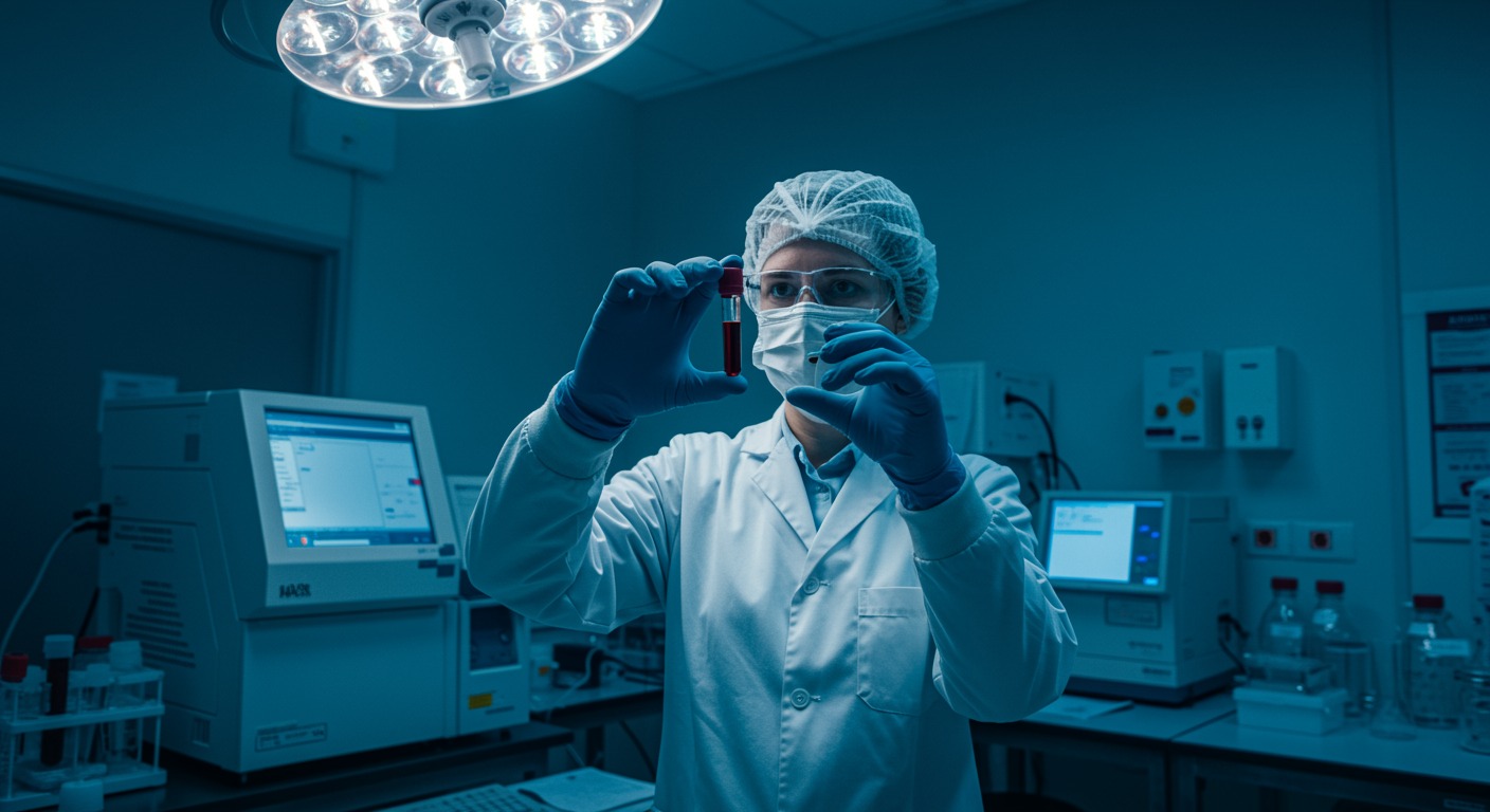 A laboratory technician holding a small vial of blood in a brightly lit clinical research lab with modern diagnostic equipment in the background