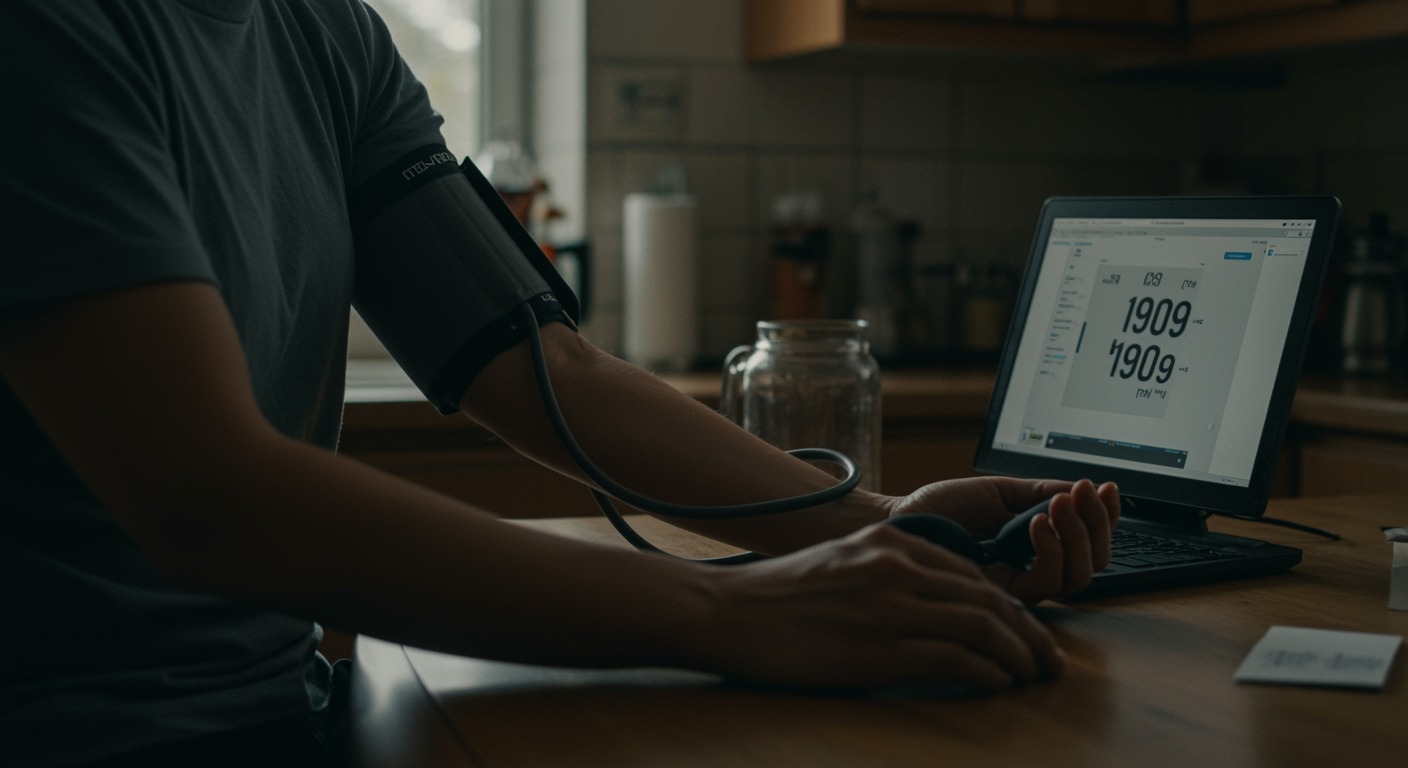 A person at home wrapping a blood pressure cuff around their upper arm next to a digital monitor on a kitchen table