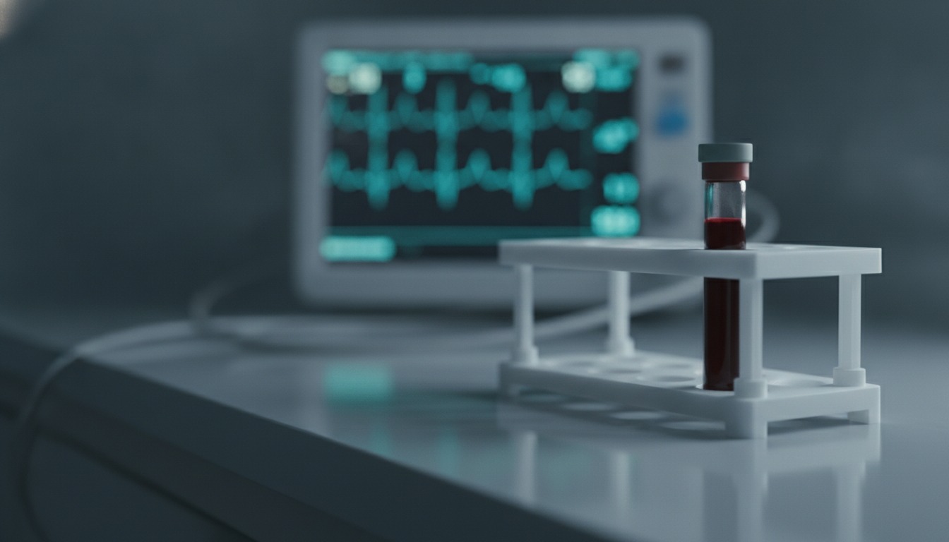 A vial of blood in a rack on a hospital bench with a softly blurred cardiac monitor glowing in the background