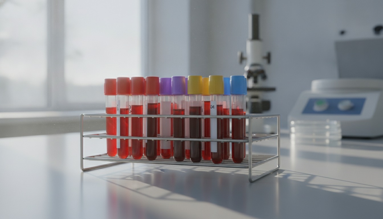 Rows of capped blood collection tubes in a metal rack on a clean laboratory bench in soft morning light