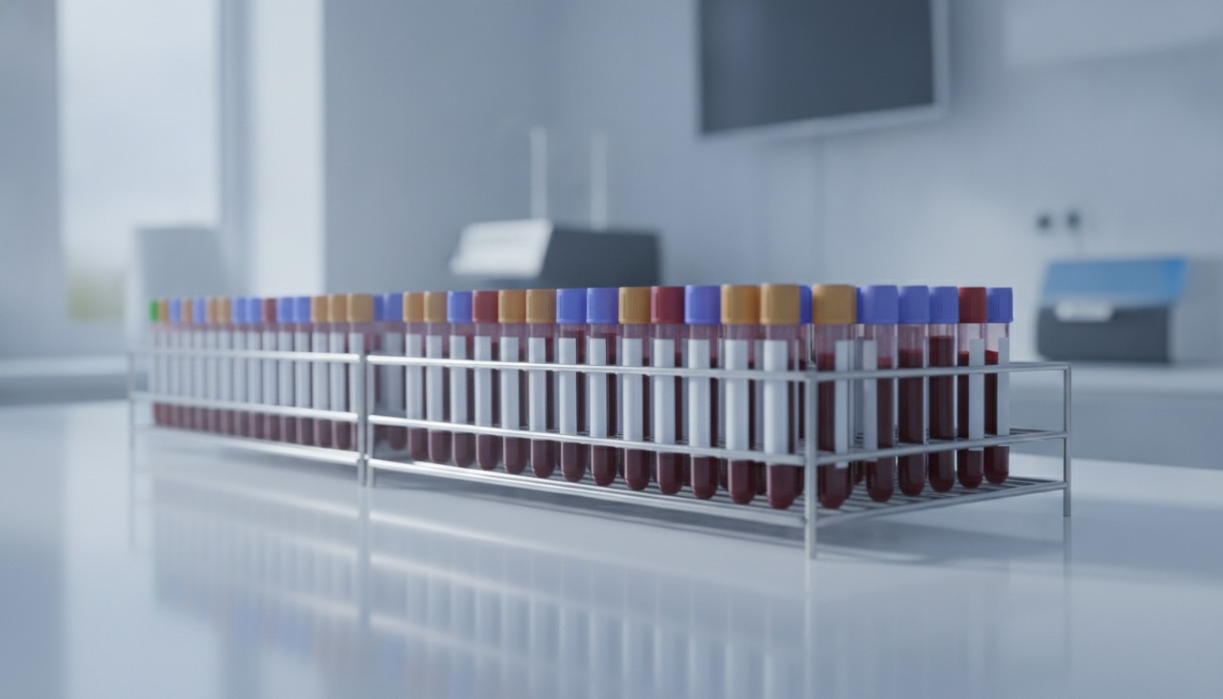 Rack of labeled blood sample tubes on a clean clinic lab bench in soft natural window light
