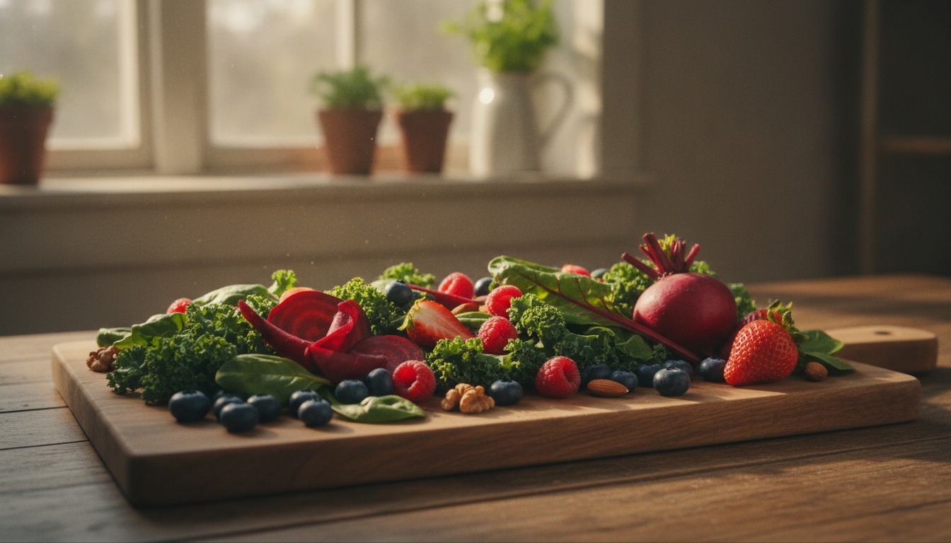 Heart-healthy foods including leafy greens, beets, and berries on a warm wooden cutting board in golden window light