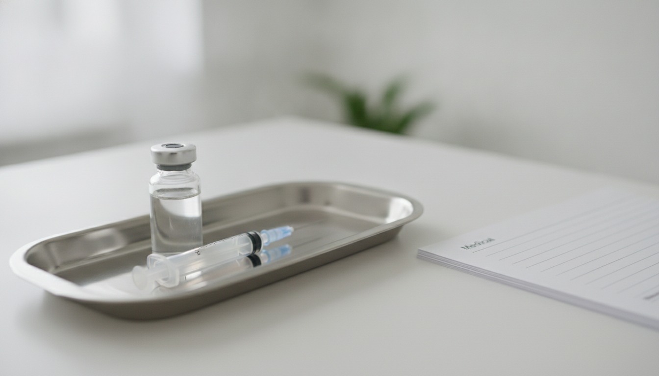 Vaccine vial and syringe resting on a clean clinic tray beside a stack of paper forms in soft daylight