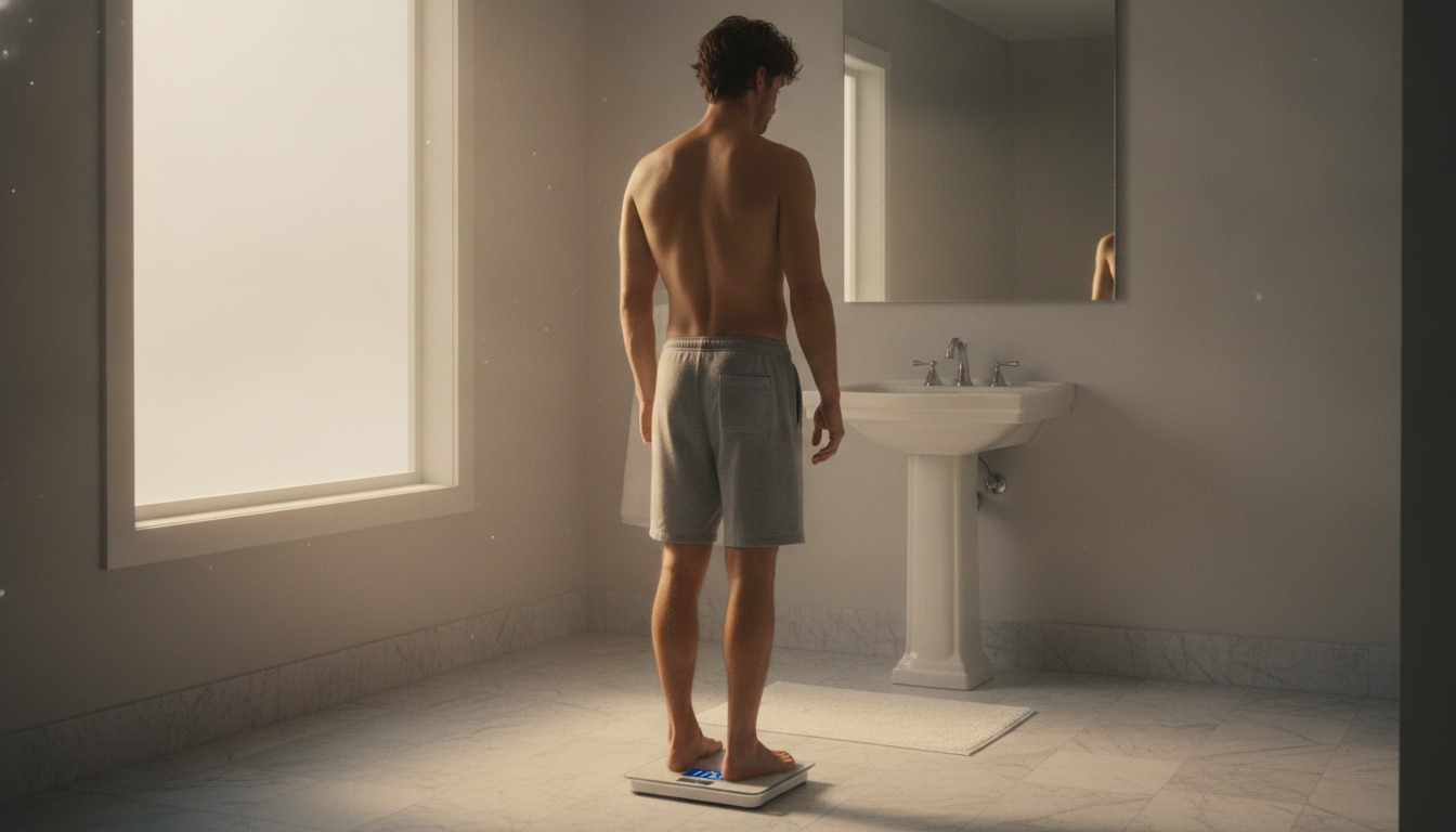 Young man standing on a bathroom scale in soft morning light coming through a window