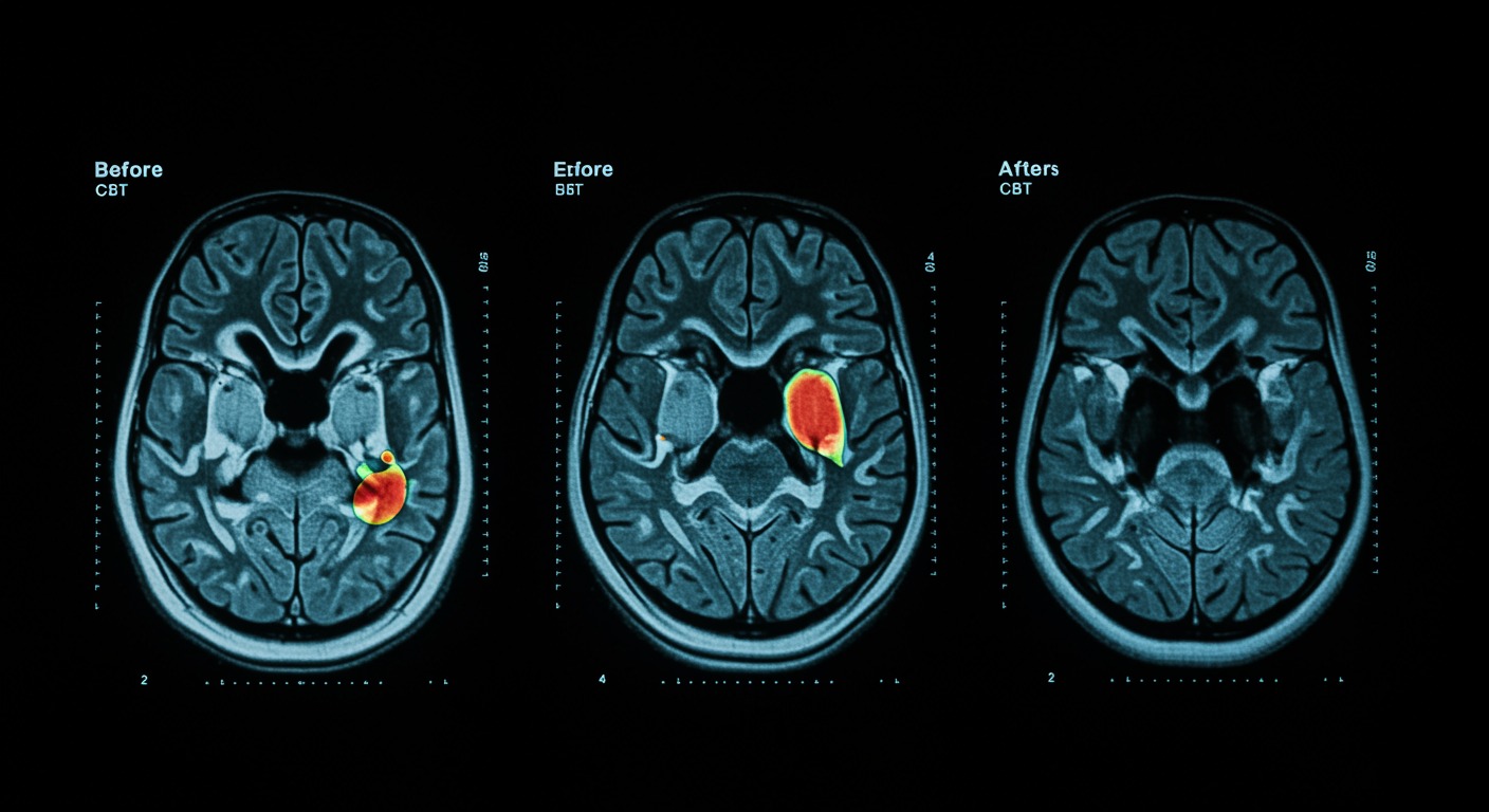 fMRI brain scans showing before and after CBT treatment with highlighted limbic and frontal regions on neuroscience workstation