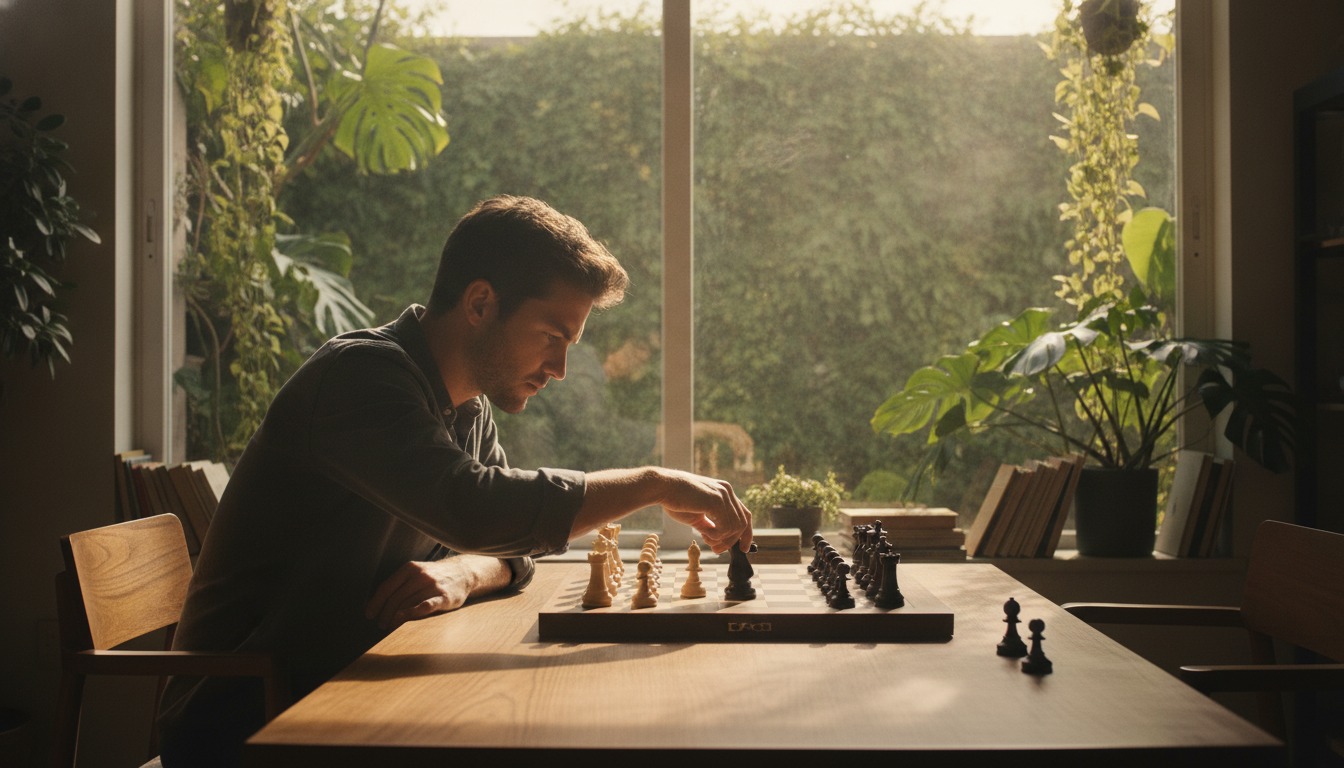 Person concentrating on a chess board by a bright window with warm natural light and lush plants in the background