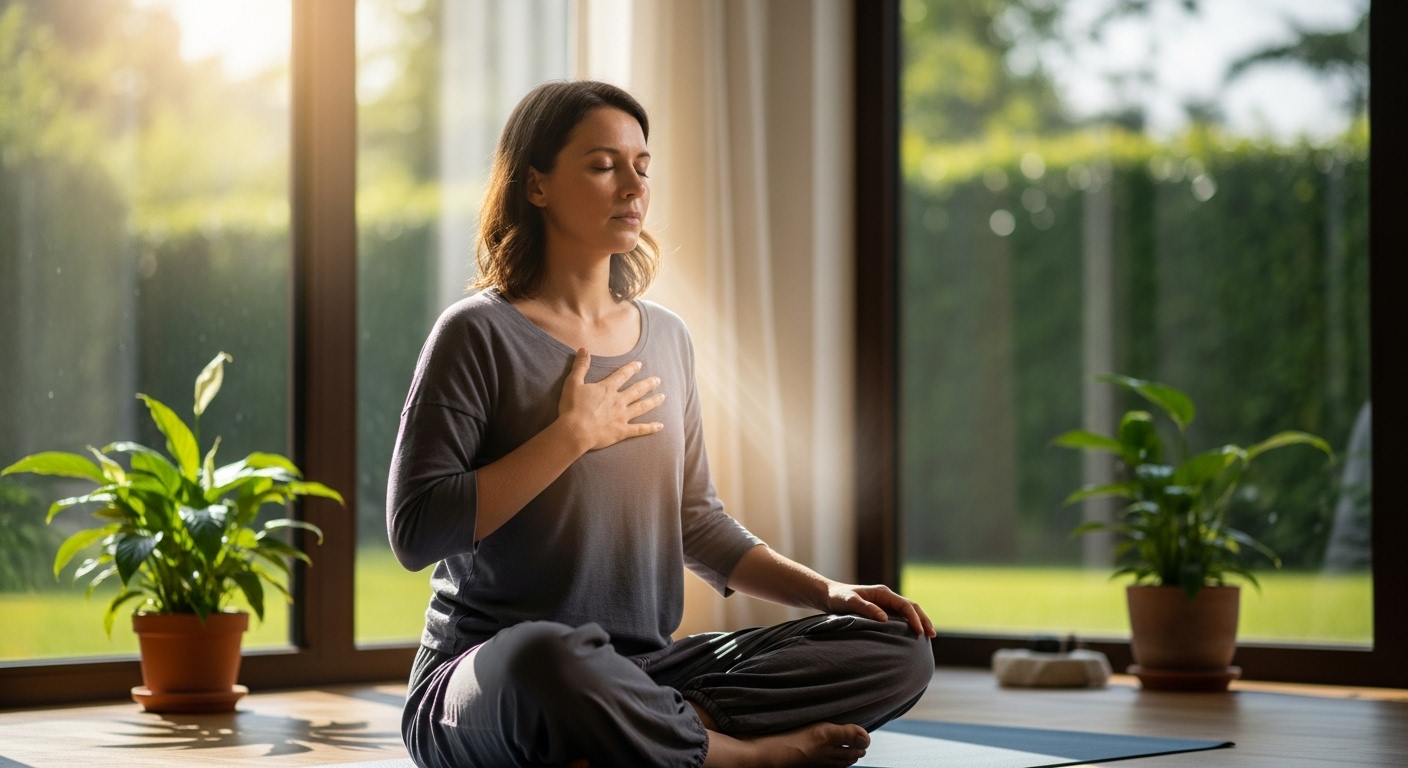 Person practicing breathing technique with soft lighting