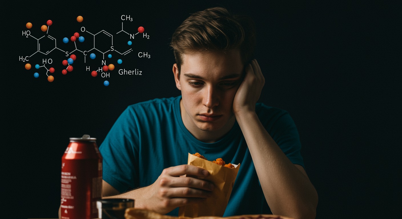 Photorealistic image of tired young man looking at food with subtle hormone molecule overlays showing leptin and ghrelin, soft lighting, no text