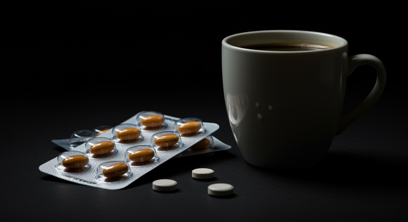 Pill blister pack next to a coffee cup