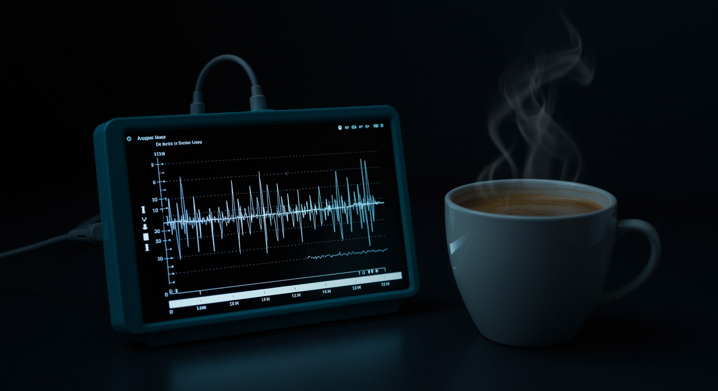 Photorealistic EEG readout showing reduced delta wave patterns with coffee cup nearby, demonstrating caffeine's impact on deep sleep, soft medical lighting, no text