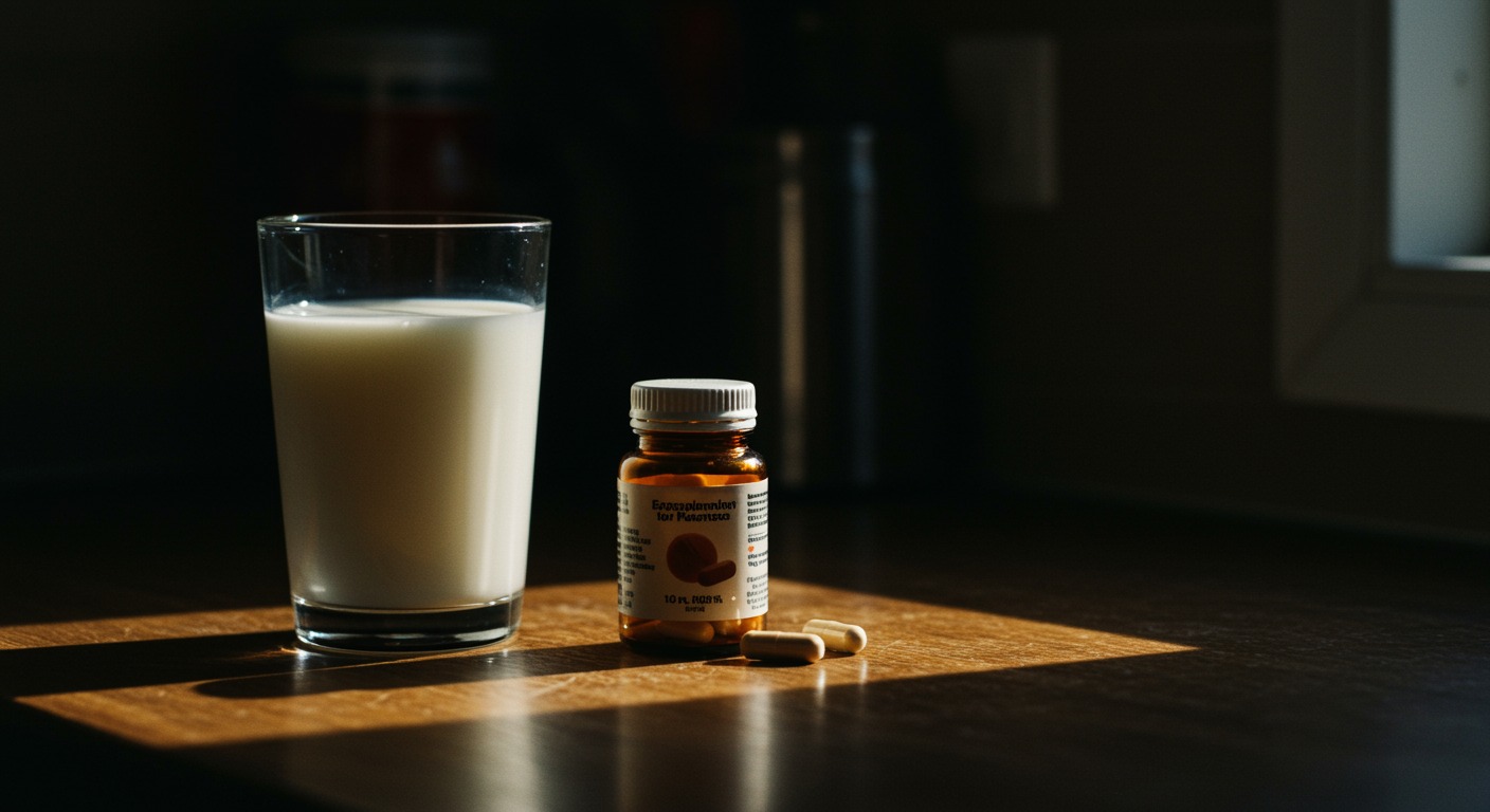 A glass of milk and a small bottle of supplement tablets on a sunlit kitchen counter