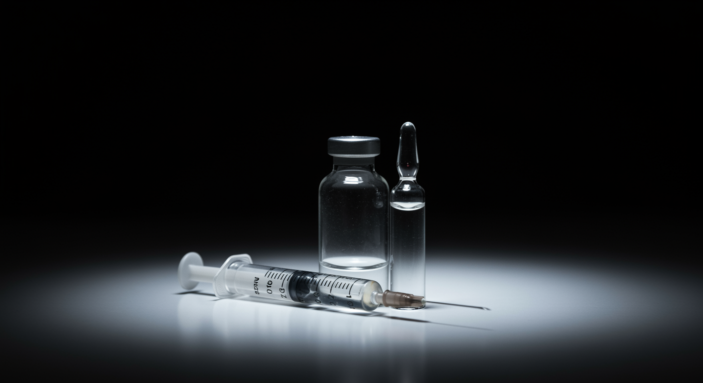 Vintage medical vial and syringe on white surface with soft lighting