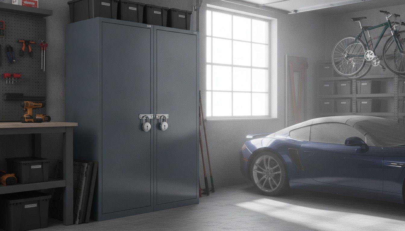 A locked gray metal storage cabinet standing in a tidy home garage, lit by soft daylight from a side window