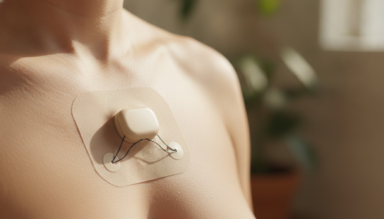 A close-up of an adhesive heart monitor patch on a person's chest in soft natural daylight