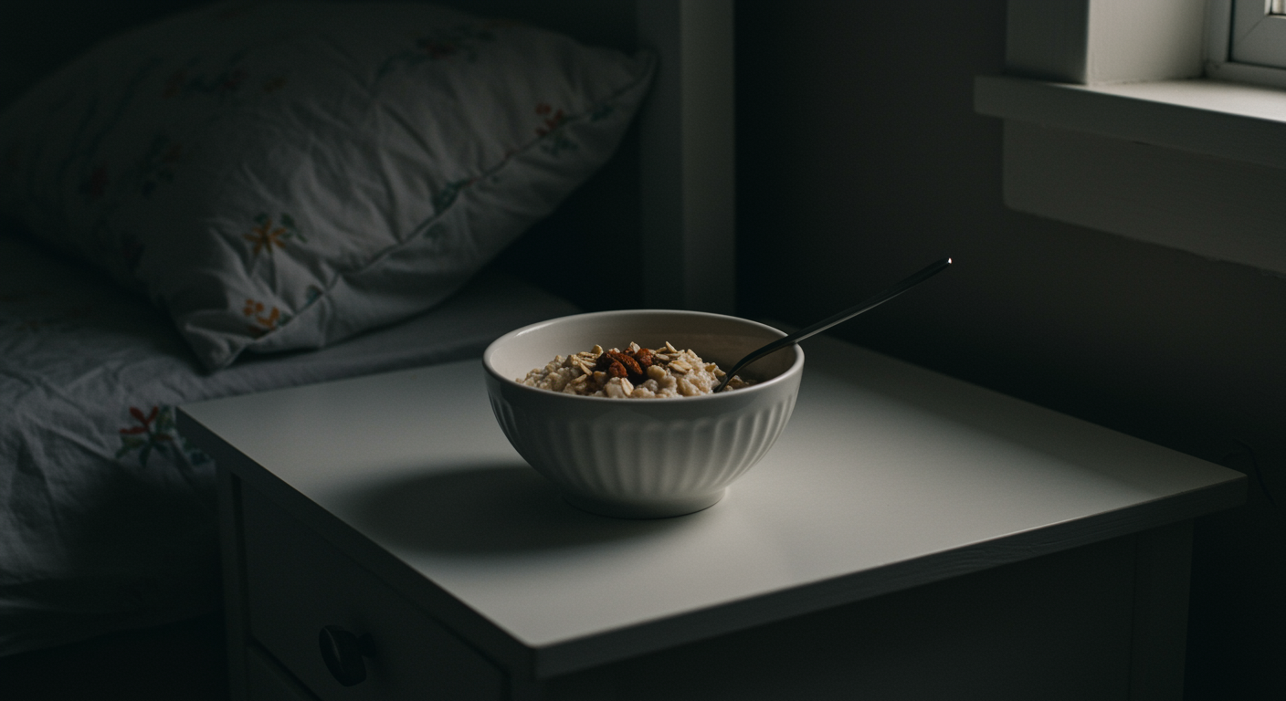 Single bowl of oatmeal on clean bedside table with soft evening lighting