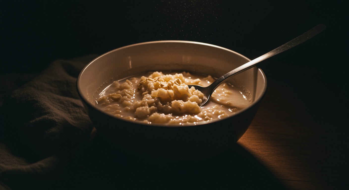 Bowl of oatmeal in cozy warm lamplight