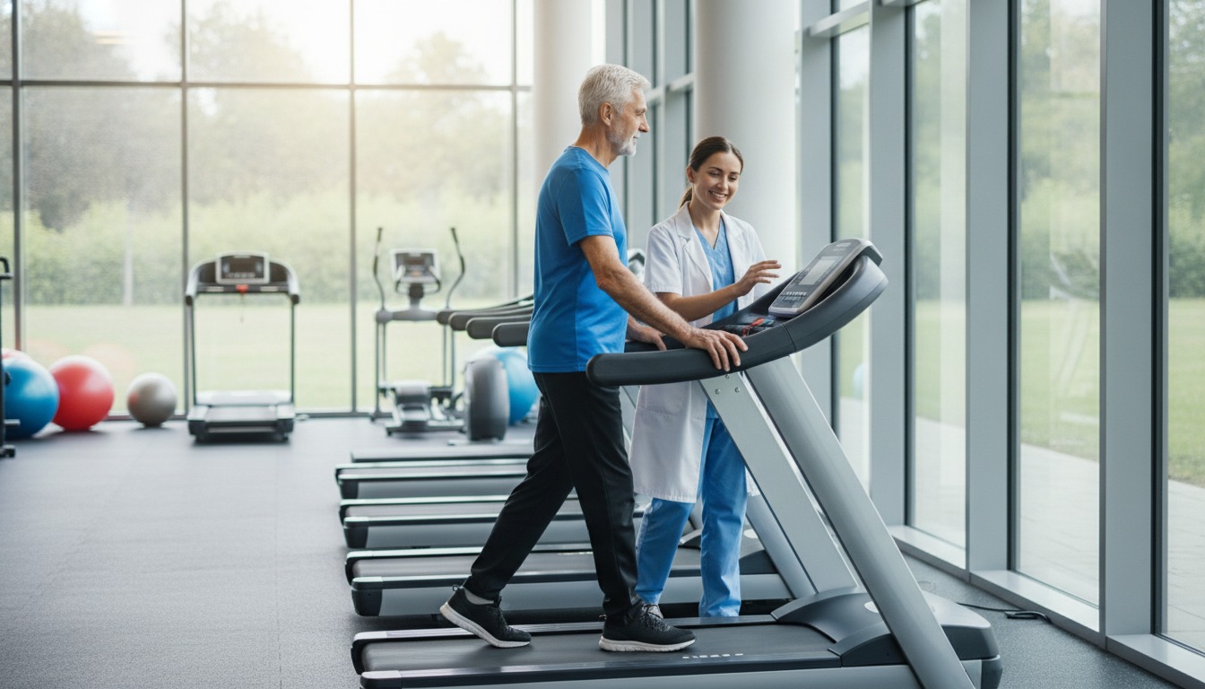 Photorealistic scene of an older man walking on a treadmill in a bright rehabilitation gym, soft daylight through large windows