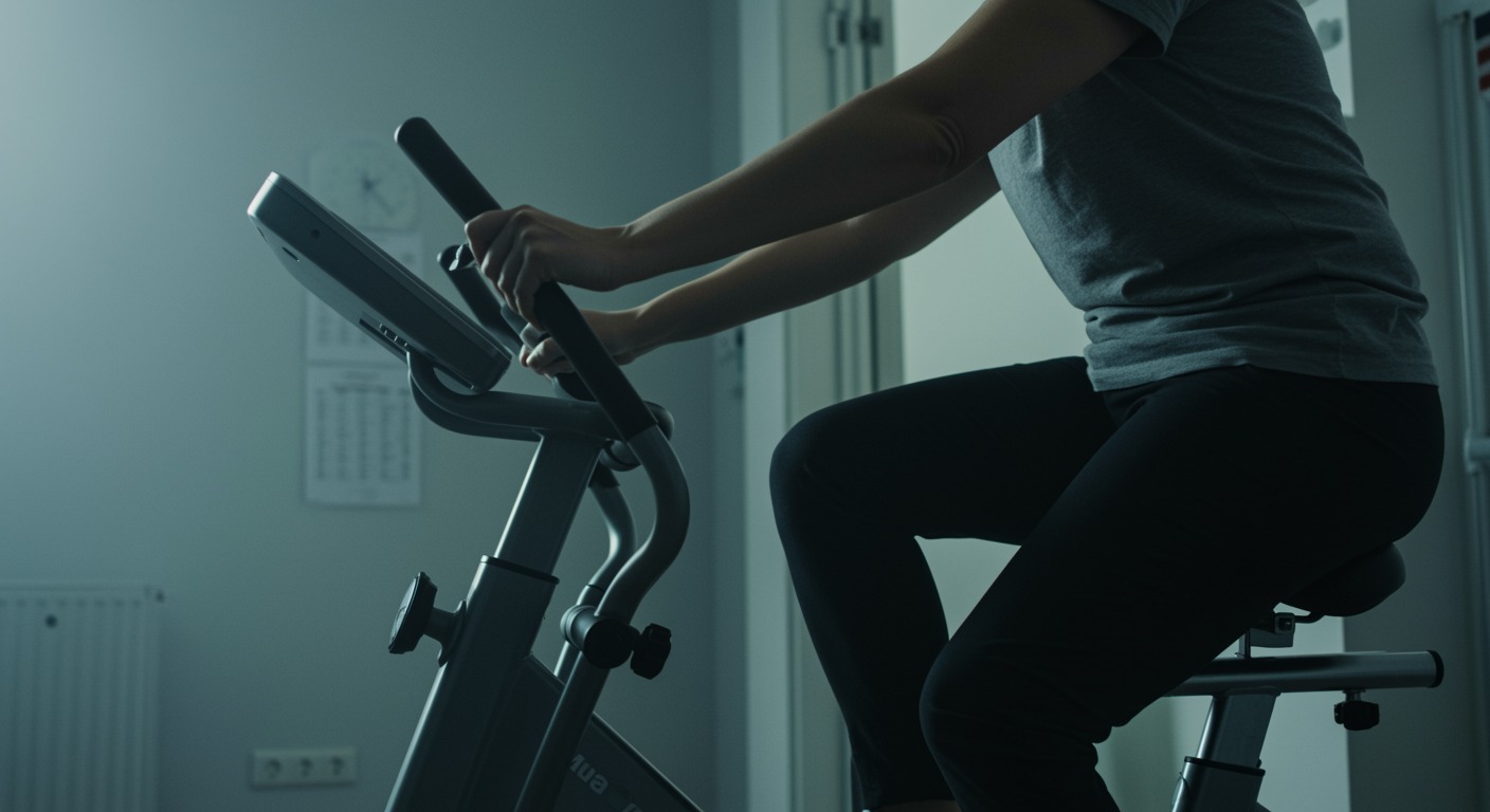 Patient on exercise bike in bright rehab room