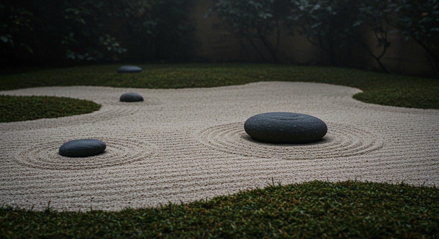 Calm zen garden with raked sand patterns and smooth stones in soft overcast natural light