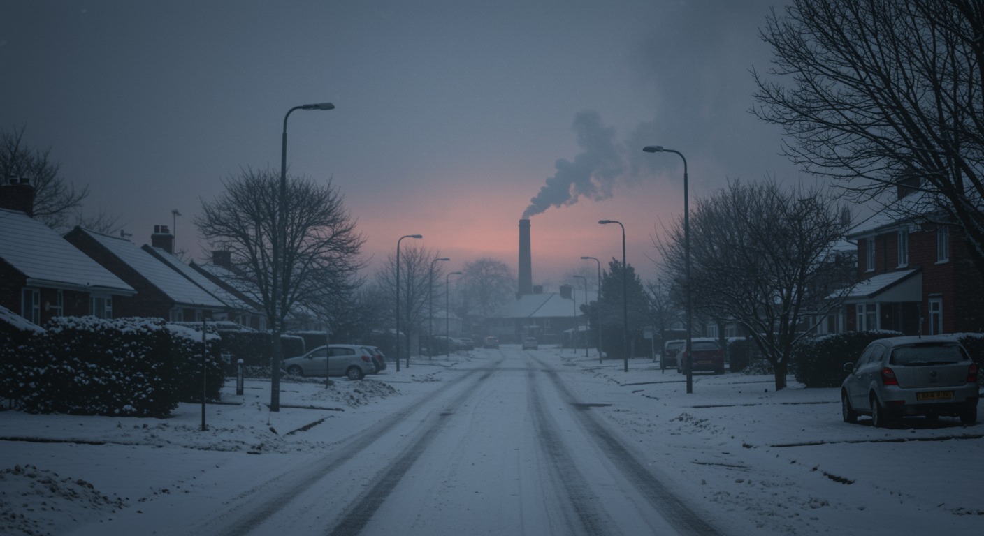 A snow-covered suburban street at dawn with frost on car windshields and chimney smoke rising into a cold gray sky