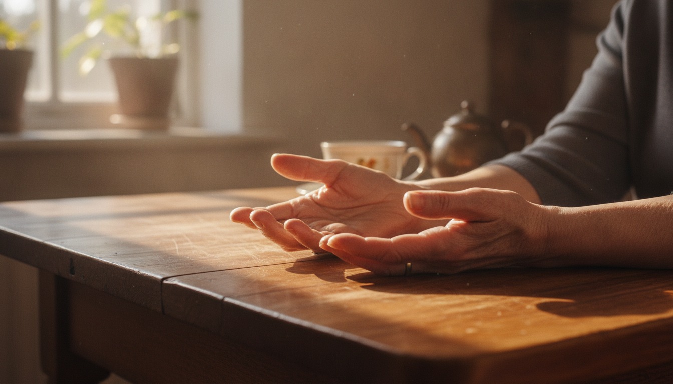 Older woman's hands resting open on a wooden kitchen table in soft morning window light