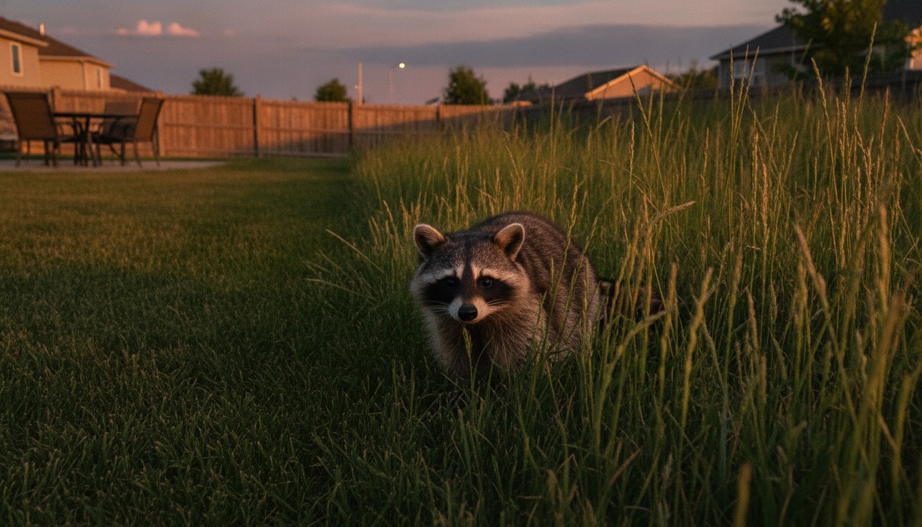 Raccoon peering out from tall grass at the edge of a suburban backyard at dusk in soft evening light