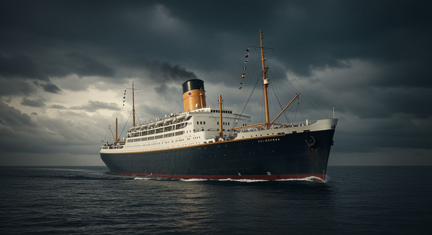 Vintage transatlantic passenger ship on ocean with dramatic sky lighting
