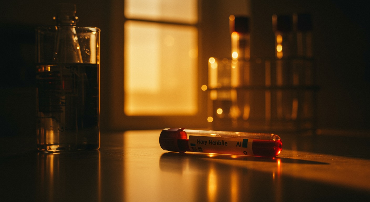 Close up of a blood sample vial on a clean laboratory counter with warm natural light streaming through a window
