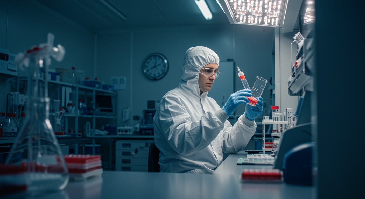 Scientist in a white coat analyzing cell cultures in a bright sterile laboratory with cool white light