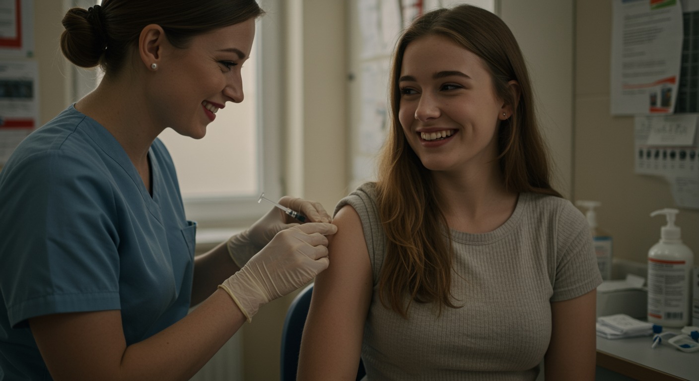 A cheerful young woman receiving a vaccination in her upper arm from a friendly nurse in a bright, welcoming clinic, both smiling and relaxed, warm golden natural light, candid lifestyle photography