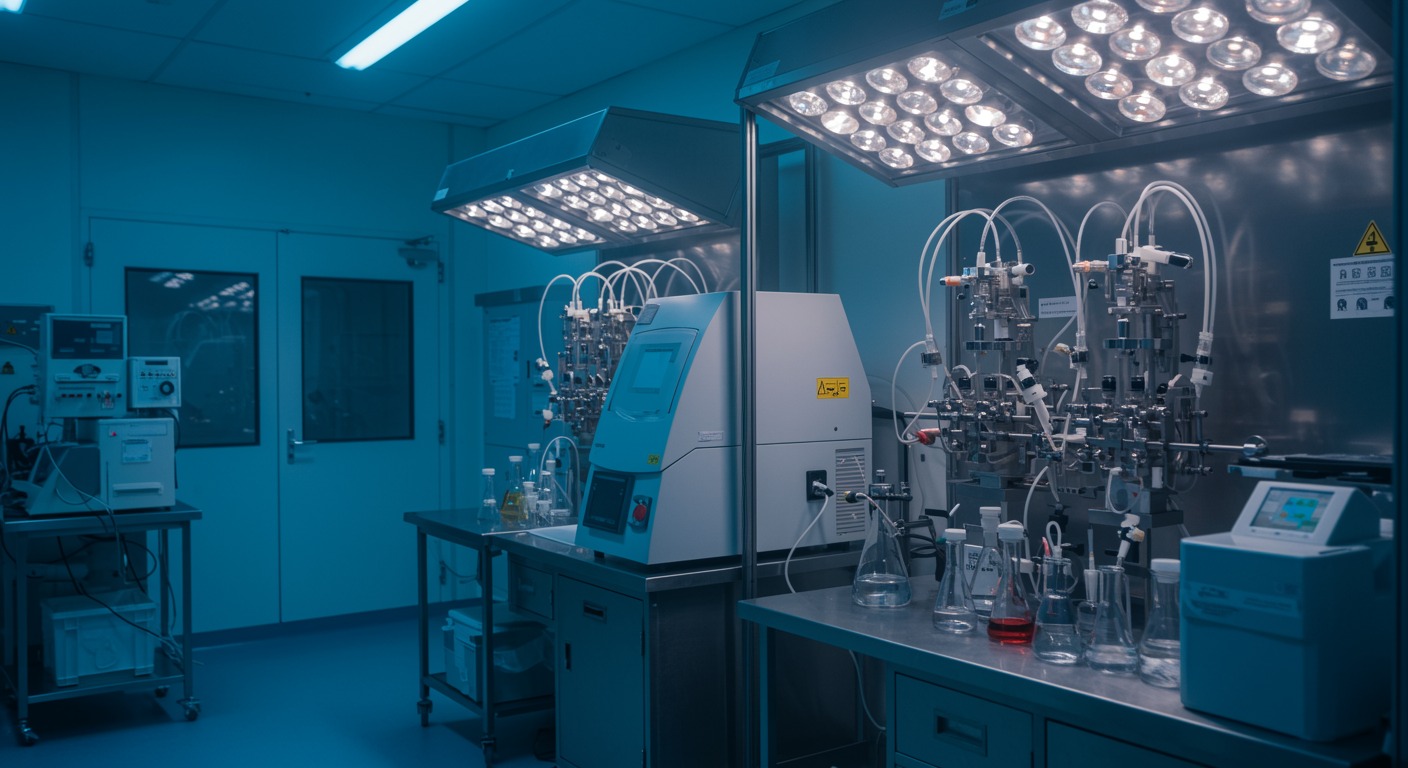 European pharmaceutical research facility with modern equipment under bright laboratory lighting