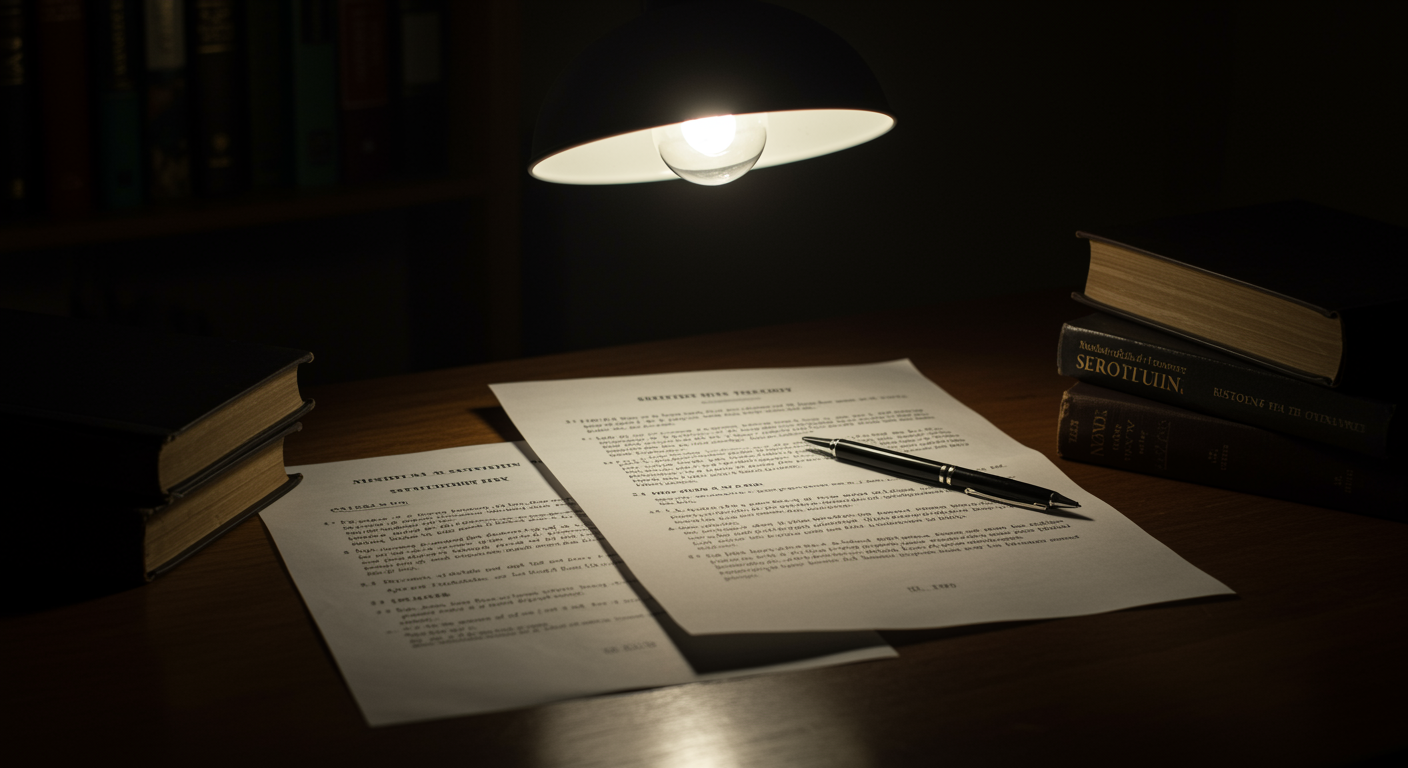 Historical medical textbooks and research papers about serotonin theory on academic desk with scholarly lighting