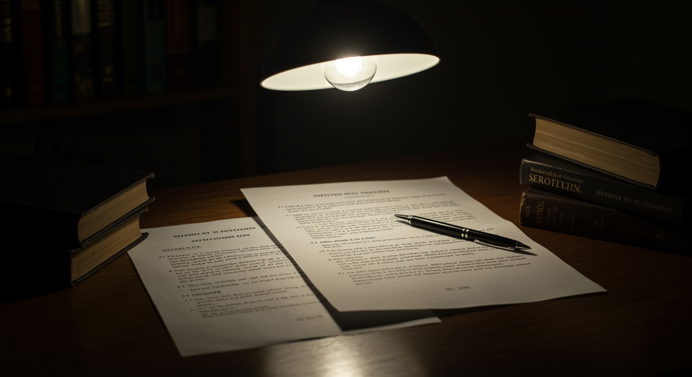 Historical medical textbooks and research papers about serotonin theory on academic desk with scholarly lighting