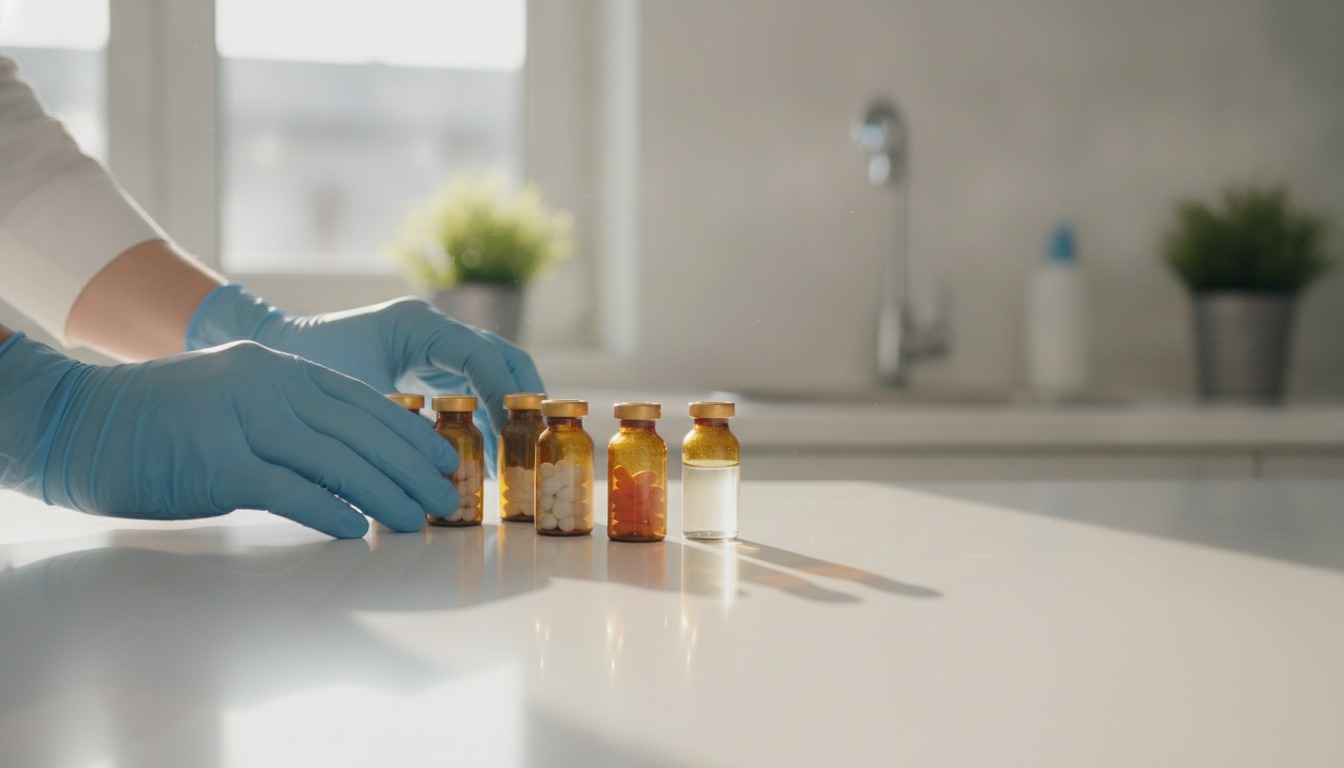Gloved hands arranging small amber medication bottles on a bright clinic counter in soft natural daylight