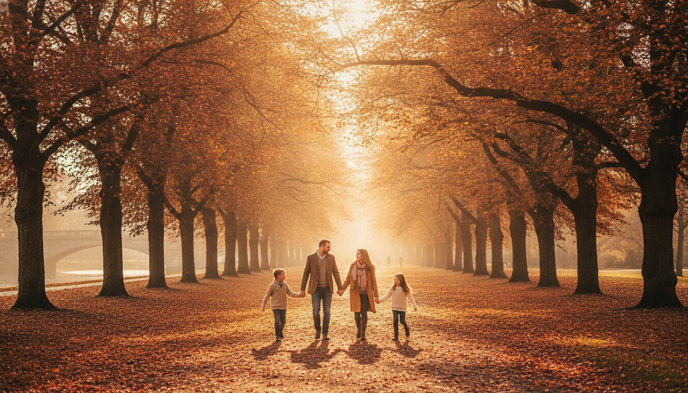Family walking together along a sunlit tree-lined path in a park with warm golden tones and autumn leaves