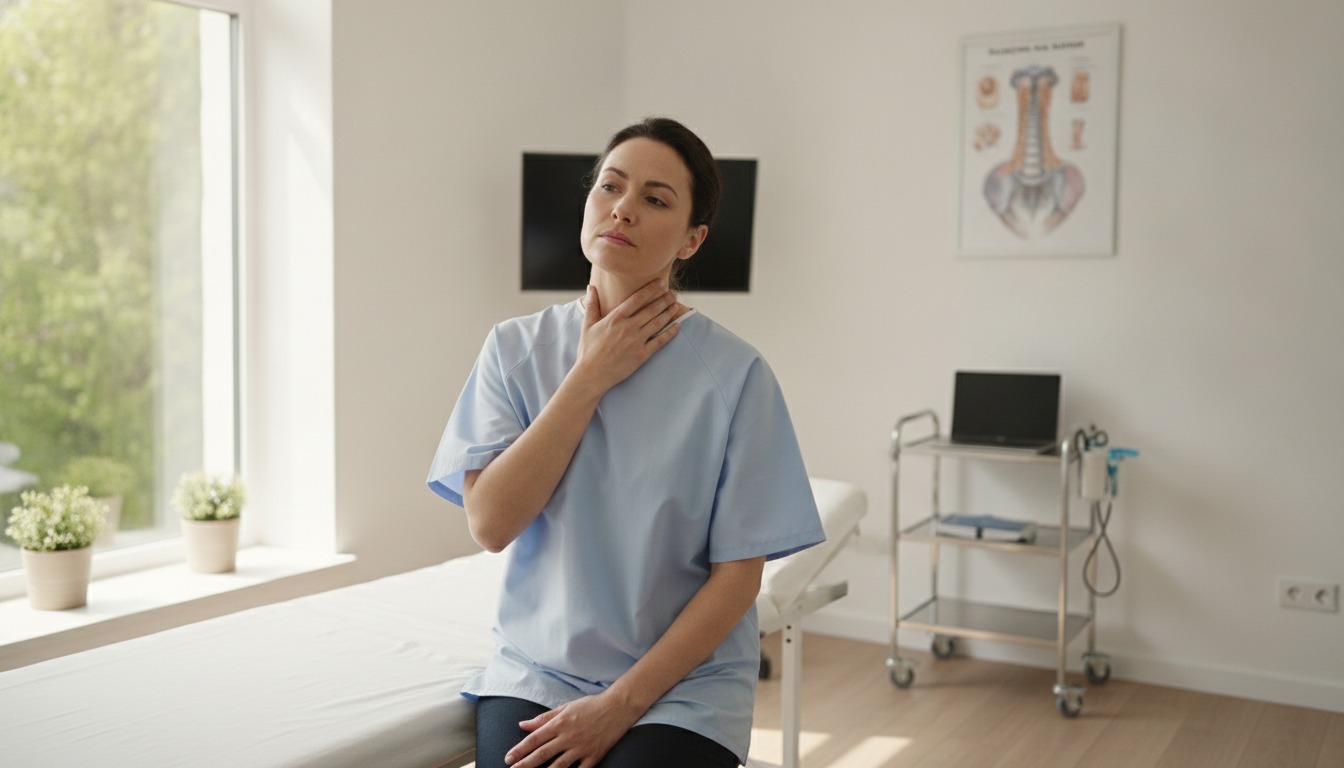Adult sitting on the edge of an exam table in a bright clinic room, one hand resting on the side of the neck, soft daylight from a window