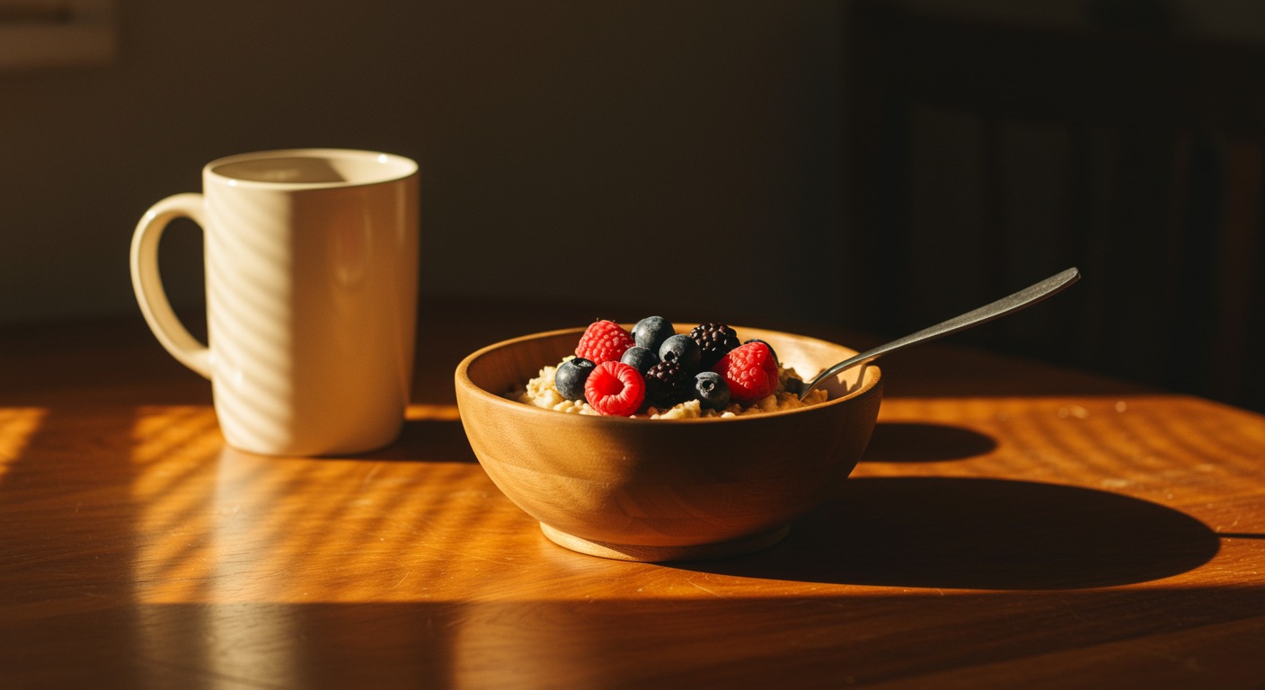 A warm wooden bowl filled with oatmeal topped with fresh berries on a sunlit kitchen table with soft morning light