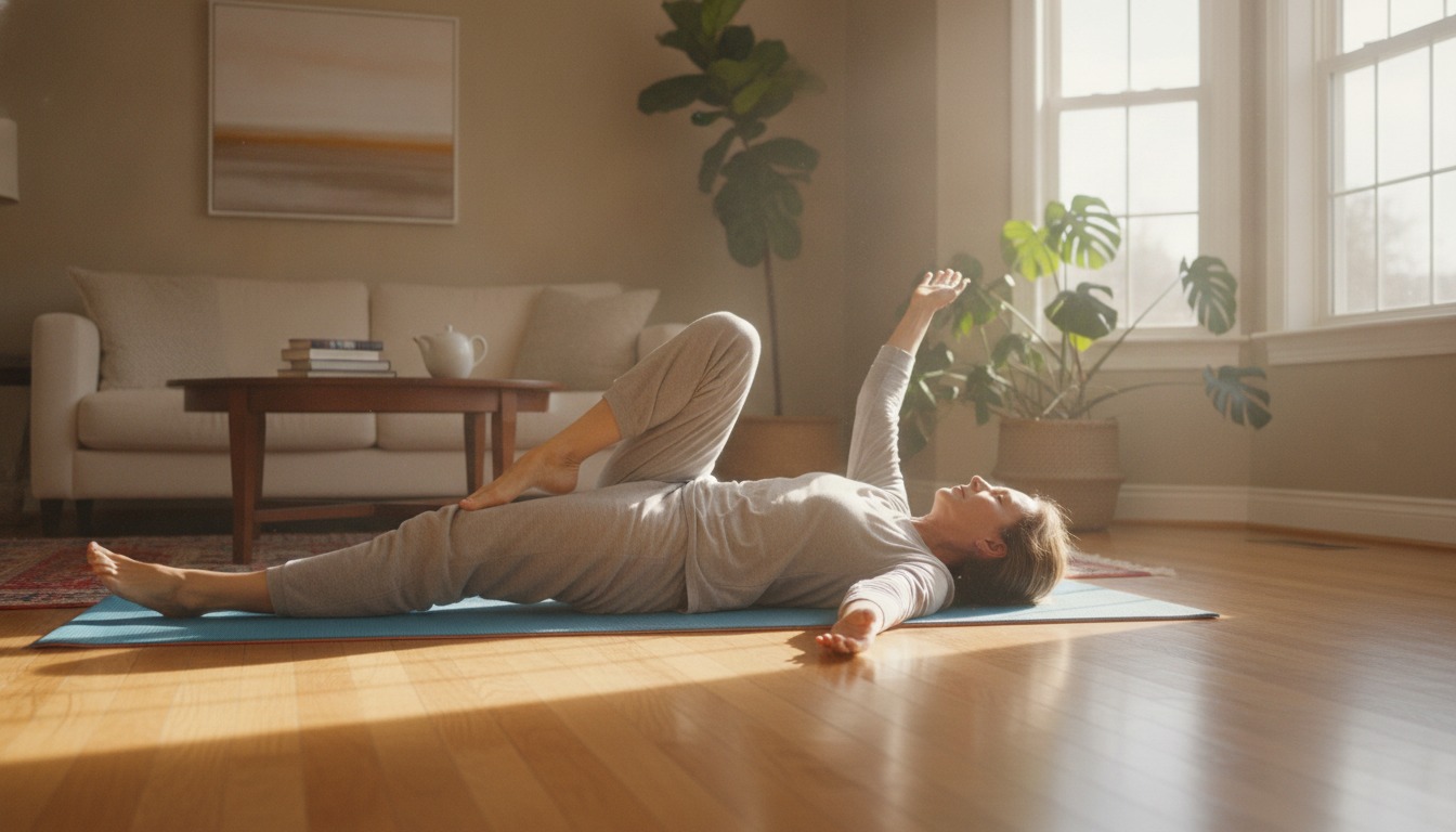 Middle-aged person doing a gentle floor stretch on a mat in a sunlit living room with warm wood floors and soft natural light