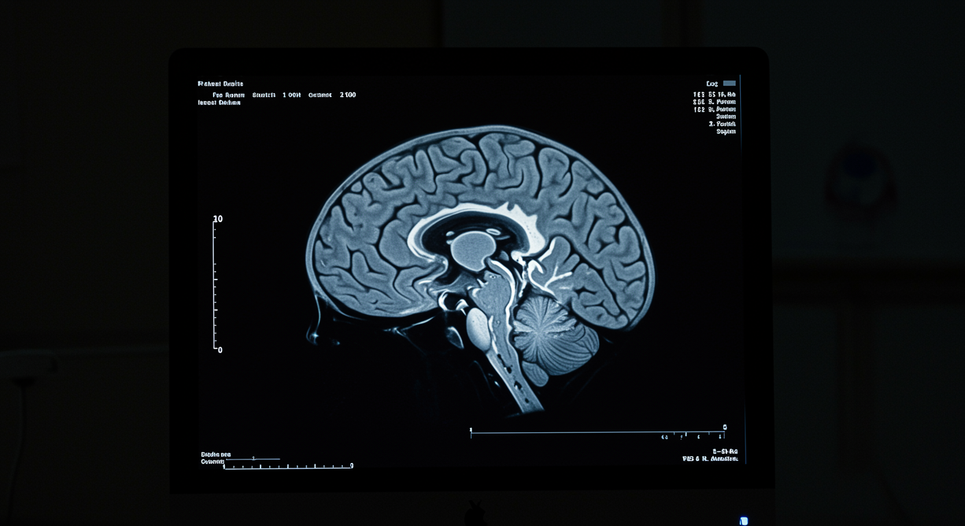 Brain cross-section showing hippocampus region with medical imaging on computer screen with clinical lighting