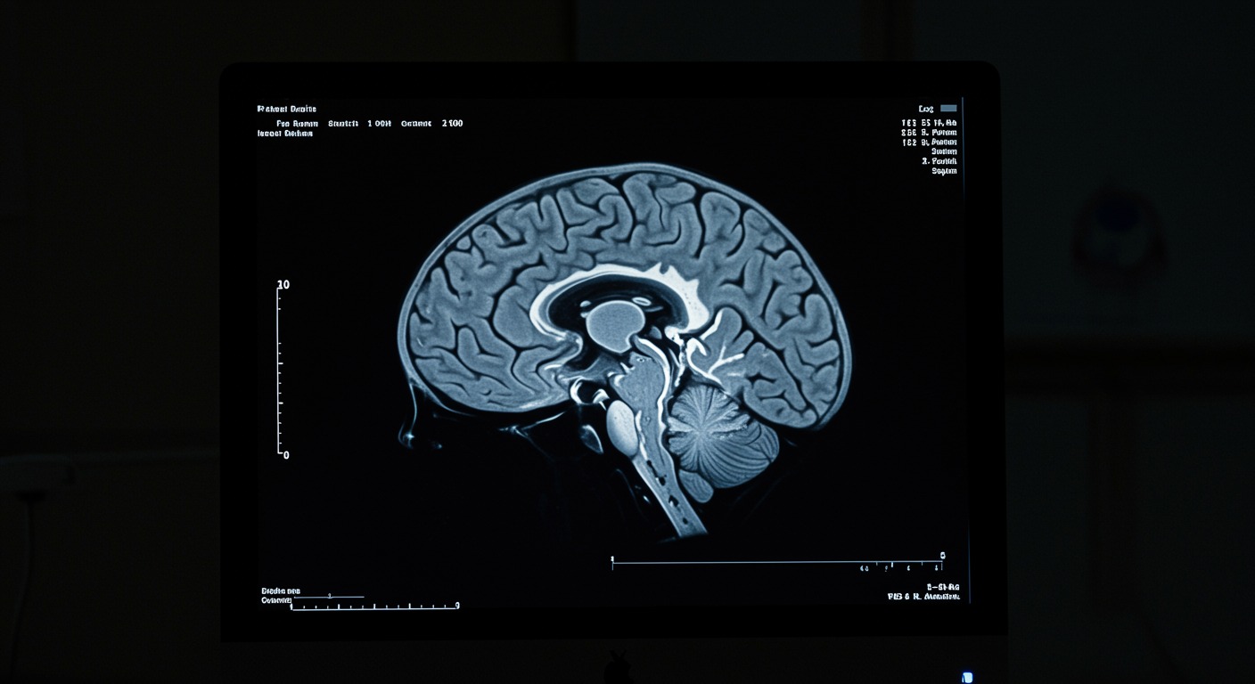 Brain cross-section showing hippocampus region with medical imaging on computer screen with clinical lighting