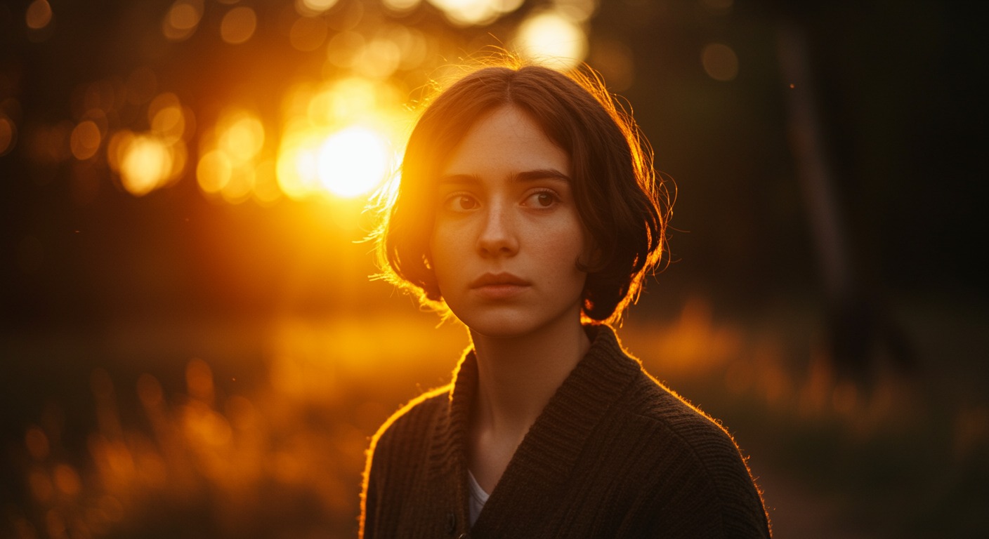 Hopeful person in a warm sunlit natural setting with golden light and vibrant colors